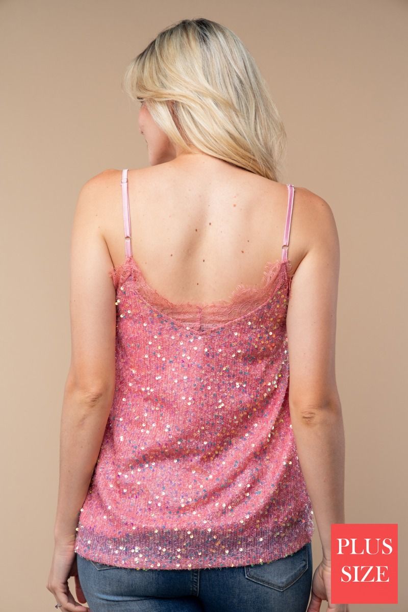 SLEEVELESS SEQUIN PLUS SIZE TOP WITH V-NECK FEATURING LACE