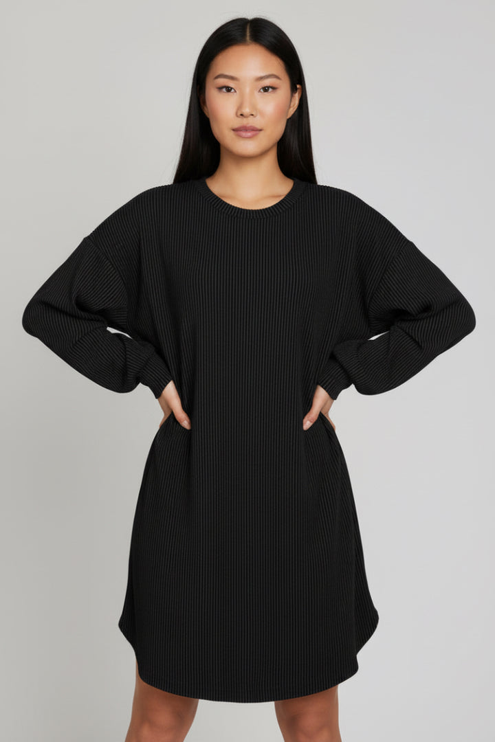 PLUS SIZE LONG PUFF SLEEVE SOLID URBAN RIBBED MINI DRESS