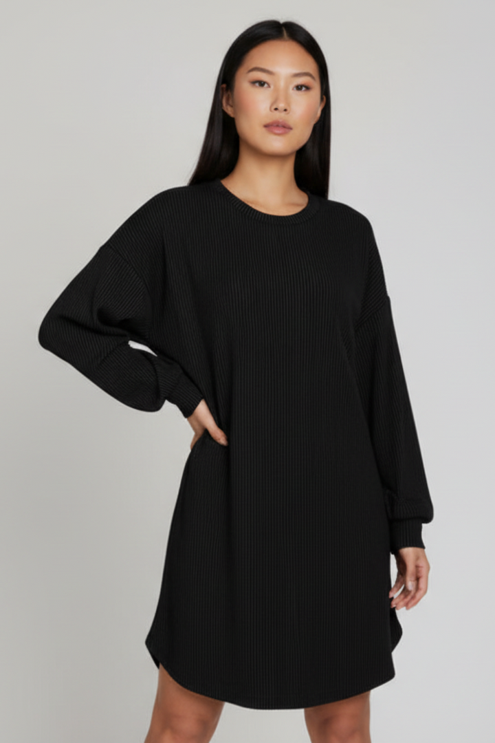 PLUS SIZE LONG PUFF SLEEVE SOLID URBAN RIBBED MINI DRESS