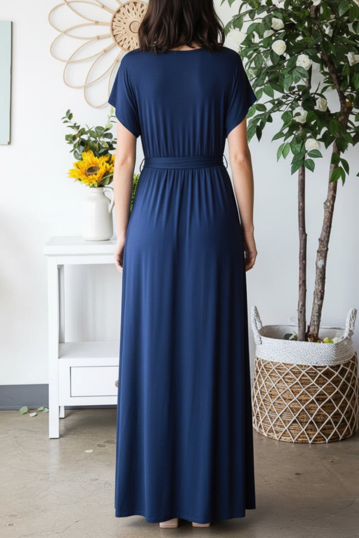 SHORT SLEEVE V NECK SOLID MAXI WRAP DRESS HMED6724S