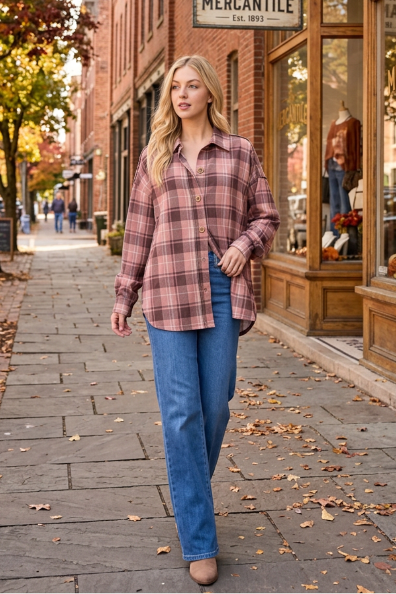 COLLARED PLAID BUTTON DOWN SHACKET TOP HMET7968