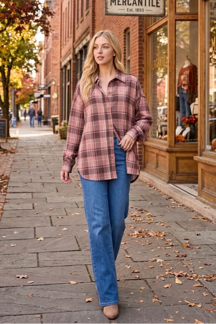 COLLARED PLAID BUTTON DOWN SHACKET TOP HMET7968