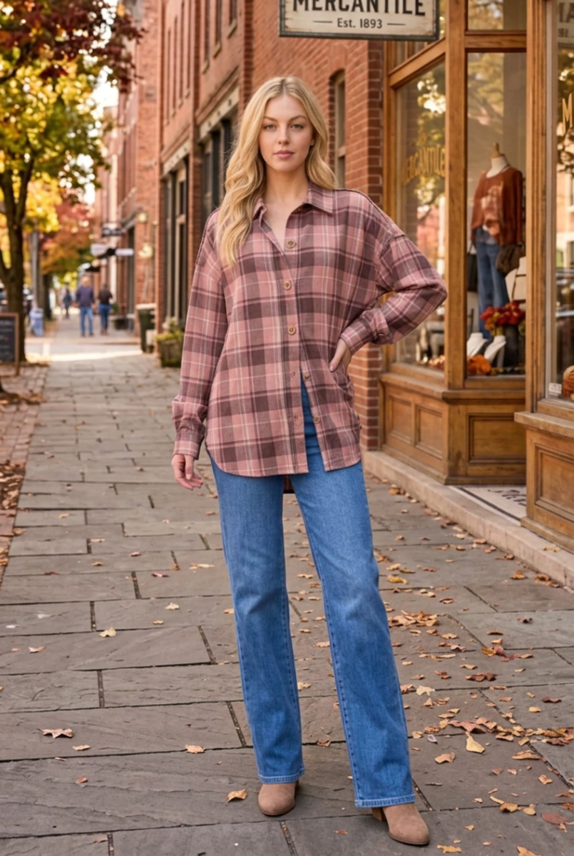 COLLARED PLAID BUTTON DOWN SHACKET TOP HMET7968