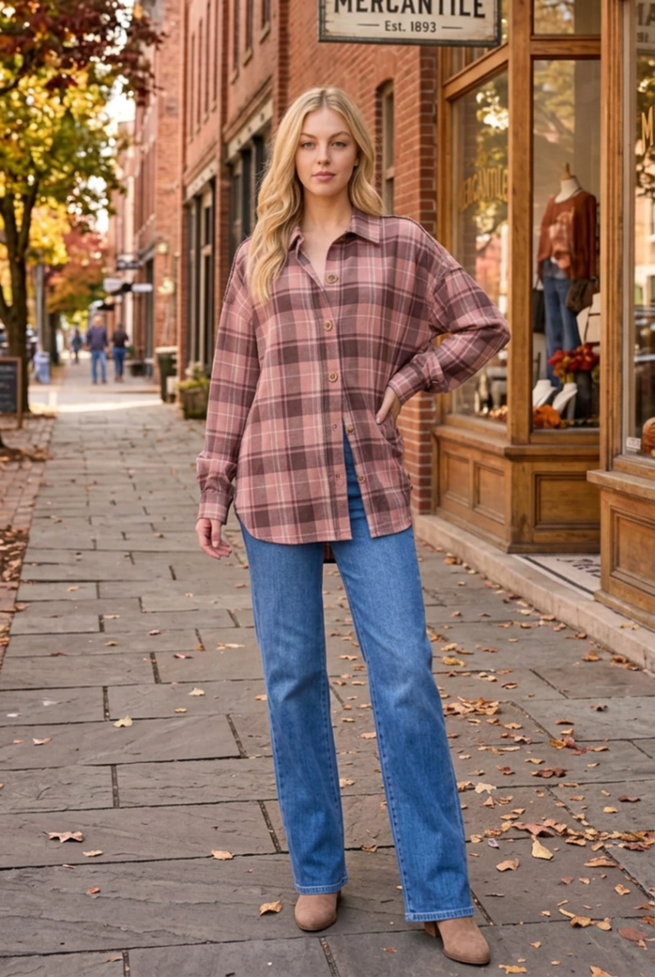 COLLARED PLAID BUTTON DOWN SHACKET TOP HMET7968