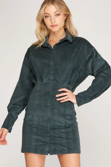 TAUPE LONG SLEEVE CORDUROY TUCKED SHIRT MINI DRESS SKSS8191
