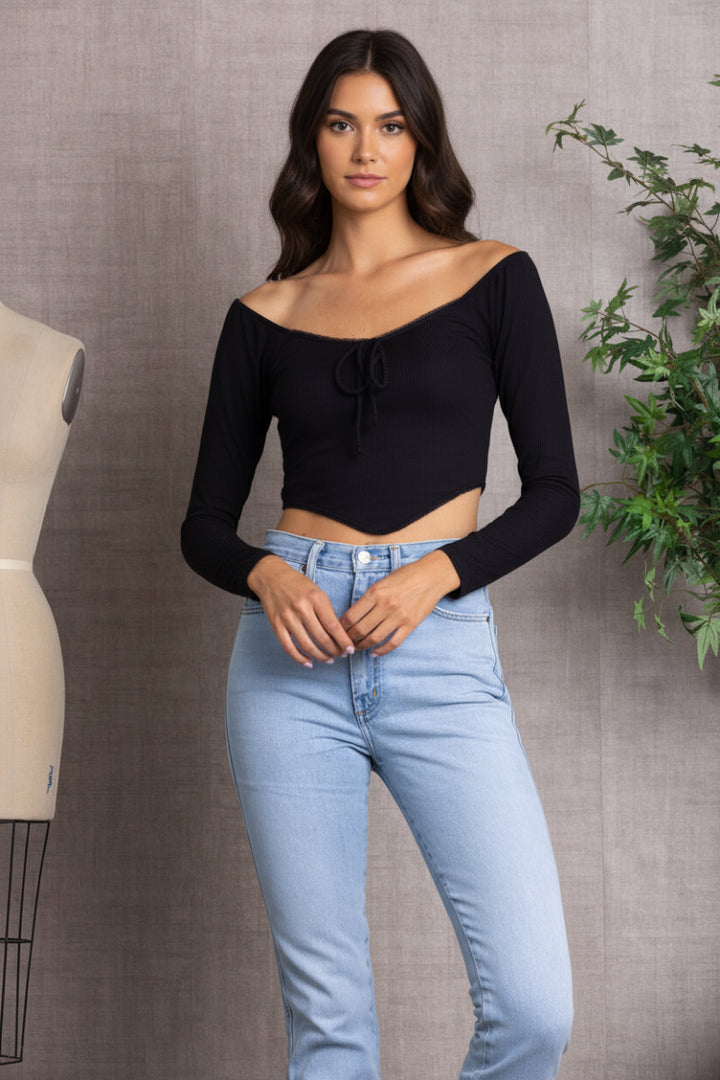 SPRUCE  RIBBED LONG SLEEVES V-CUT HEMLINE  CROP TOP-L7328