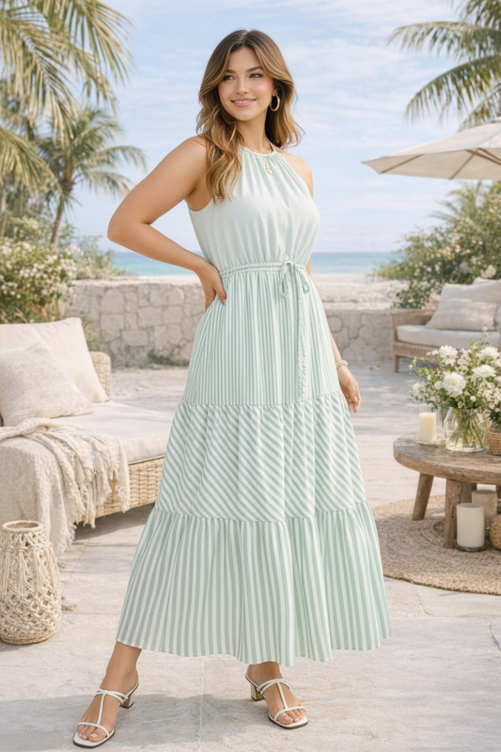 SLEEVELESS HALTER MULTY STRIPE MAXI DRESS AVM51289XX