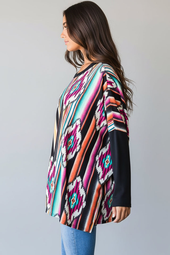 MULTICOLOR AZTEC PRINT LONG SLEEVE TOP HMST2117