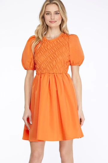 PUFF SLEEVES SMOCK DETAILED WOVEN MINI DRESS