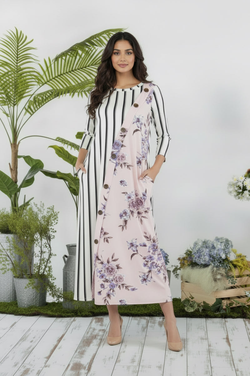 STRIPE FLORAL CONTRAST MIDI-DRESS-CLCD43837D