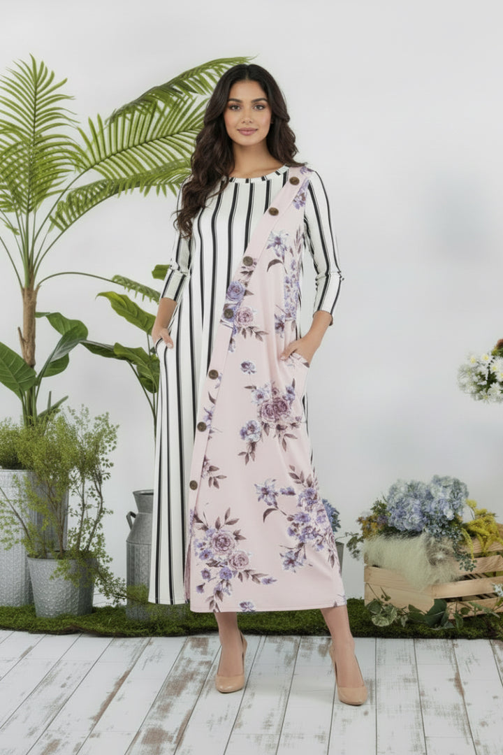 STRIPE FLORAL CONTRAST MIDI-DRESS-CLCD43837D