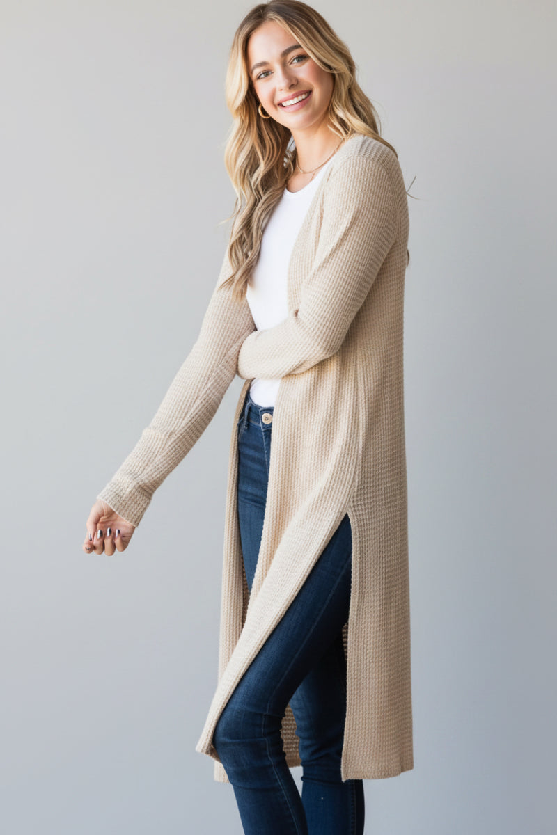 PLUS SIZE LONG SLEEVE SOLID WAFFLE OPEN CARDIGAN