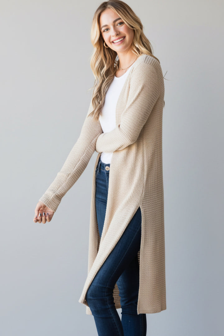 PLUS SIZE LONG SLEEVE SOLID WAFFLE OPEN CARDIGAN