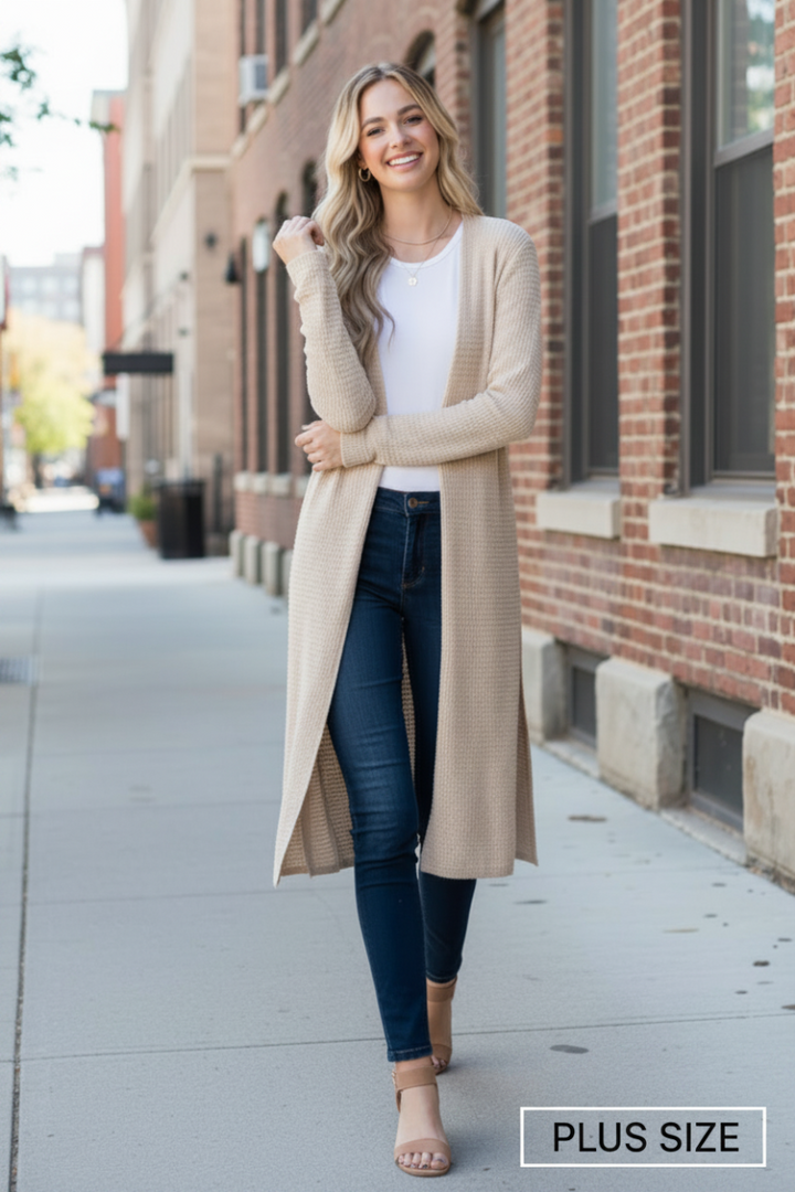 PLUS SIZE LONG SLEEVE SOLID WAFFLE OPEN CARDIGAN