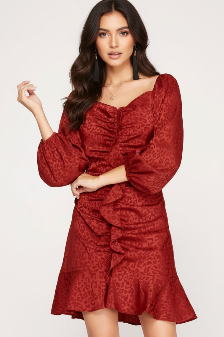3/4 SLEEVES JACQUARD SARUN RUFFLED MINI DRESS SKSS7576