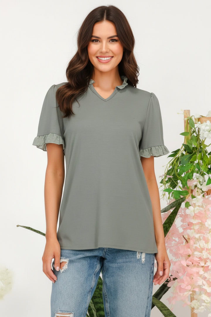 SOLID TOP WITH RUFFLE CHIFFON SLEEVE DETAIL-CLCT43791