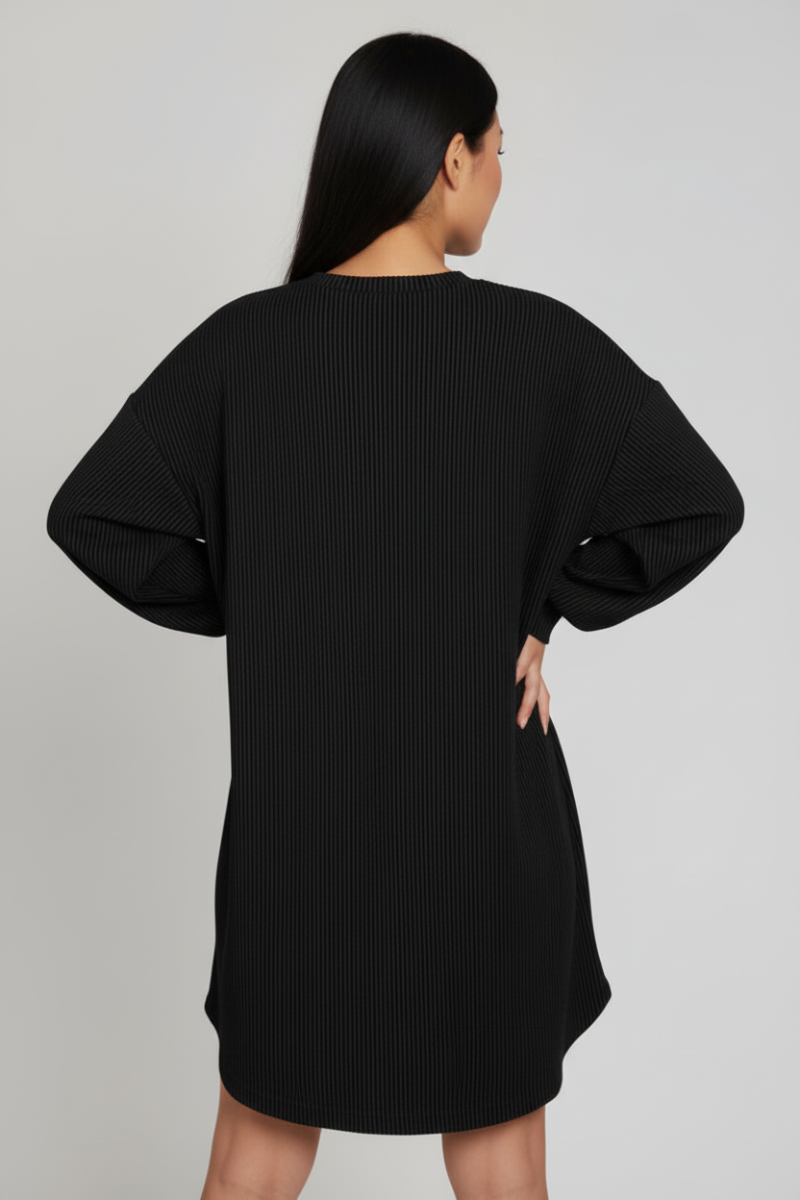 PLUS SIZE LONG PUFF SLEEVE SOLID URBAN RIBBED MINI DRESS