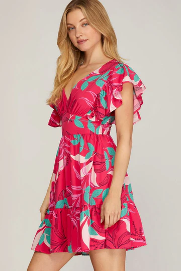 SMOCKED BACK WAIST TIERED WOVEN MINI DRESS