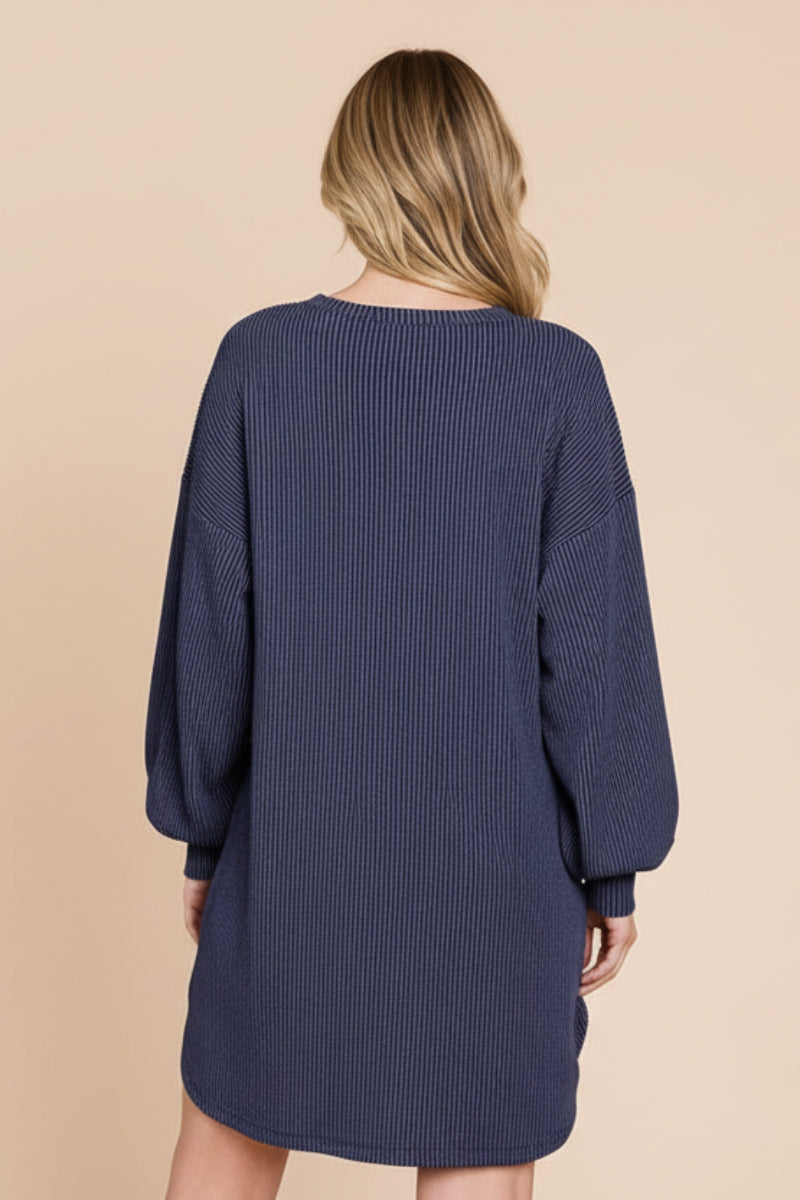 PLUS SIZE LONG PUFF SLEEVE SOLID URBAN RIBBED MINI DRESS