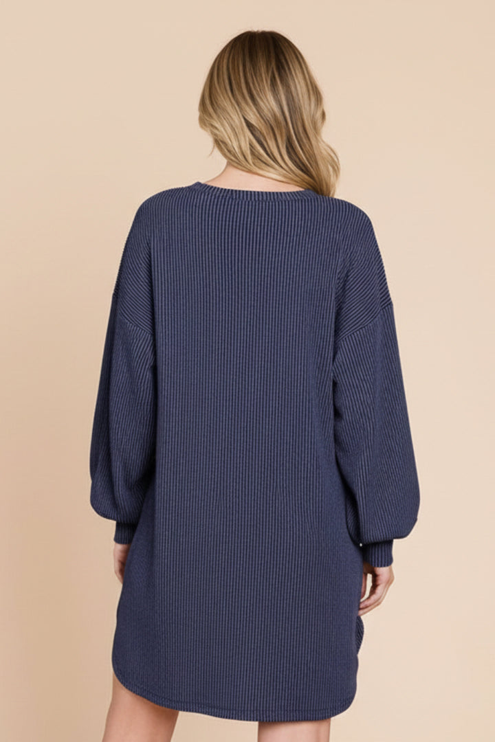PLUS SIZE LONG PUFF SLEEVE SOLID URBAN RIBBED MINI DRESS