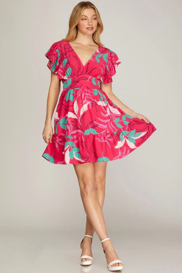 SMOCKED BACK WAIST TIERED WOVEN MINI DRESS