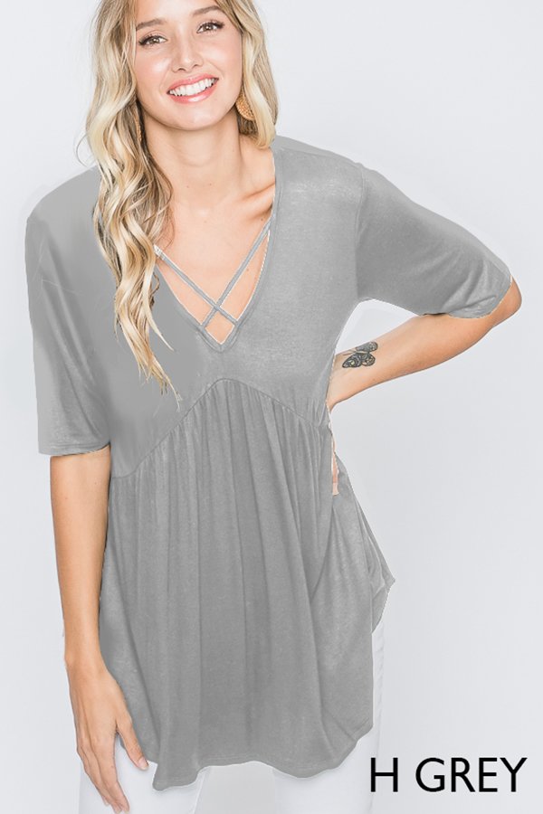 HALF SLEEVE CRISSCROSS V NECK SOLID BABYDOLL TOP