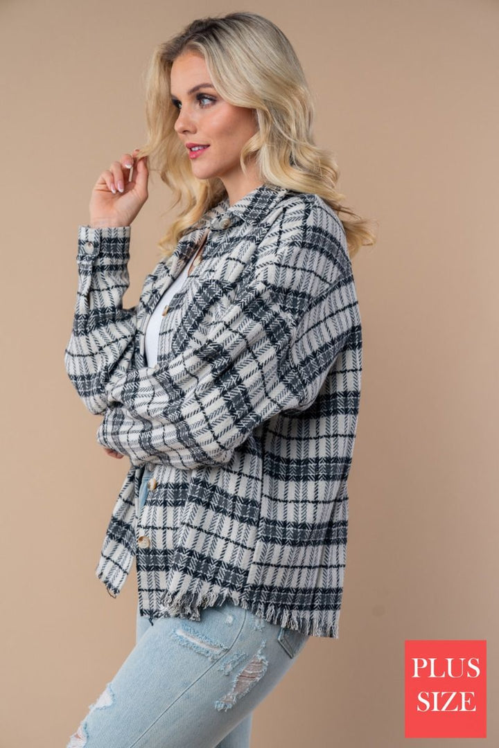 BUTTON DONE PLUS SIZE PLAID WOVEN SHACKET