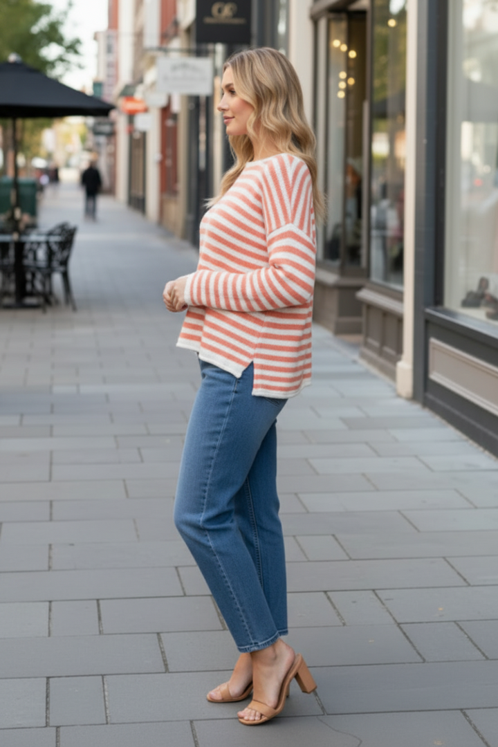 STRIPE ROUND NECK LONG SLEEVE KNIT TOP-WBT10601XL
