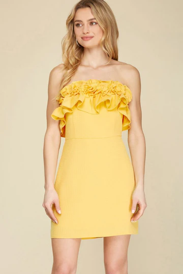 HOT PINK RUFFLED DETAIL TEXTURED SLEEVELESS WOVEN MINI DRESS