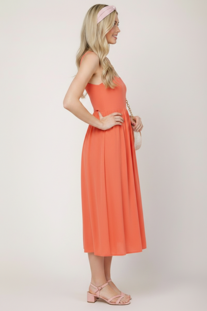 SQUARE NECKLIN SOLID WOVEN MIDI DRESS