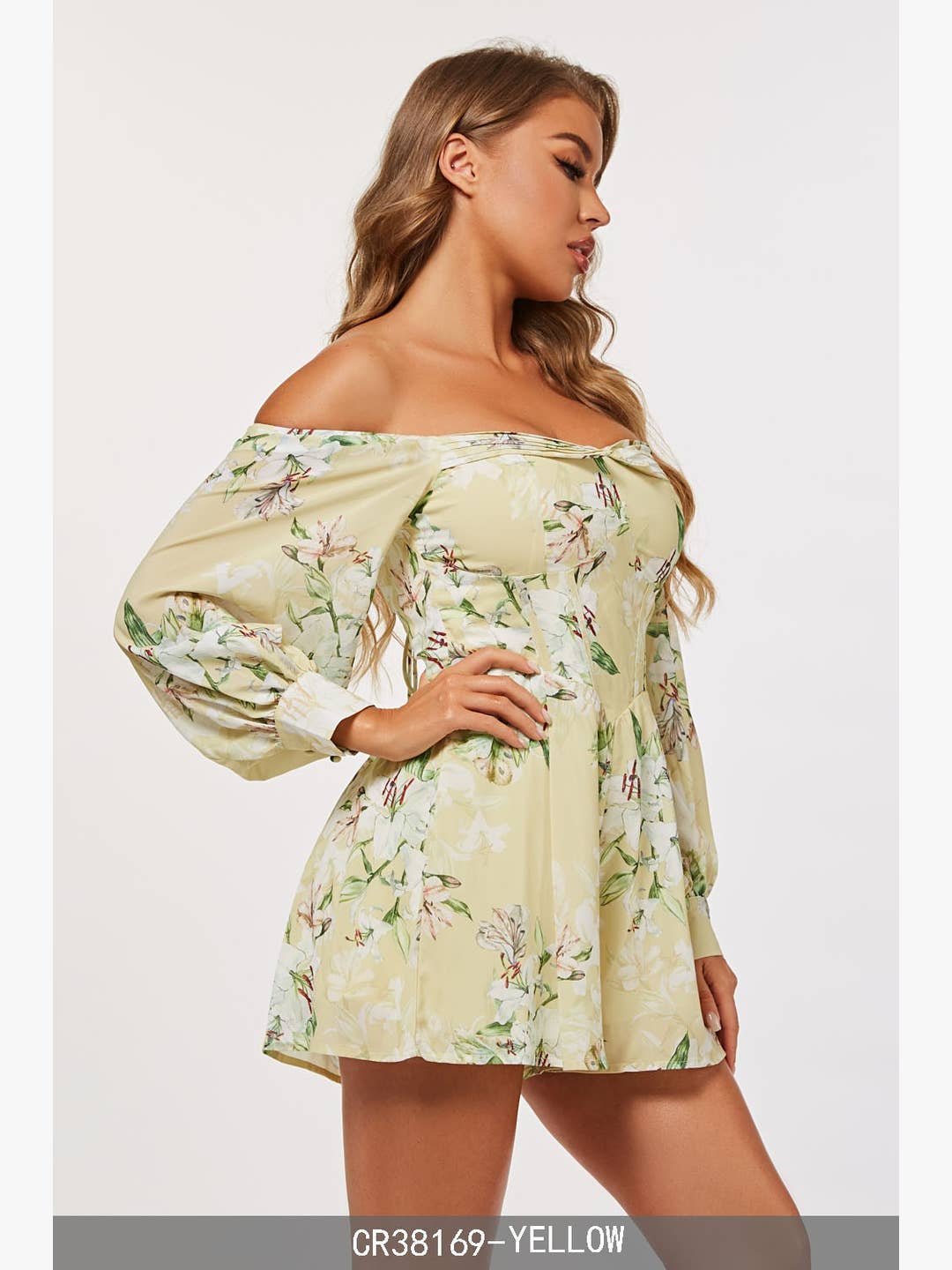 FLORAL LONG SLEEVES OFF SHOULDER ROMPER CWCR38169