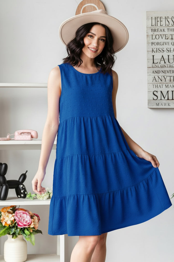 PLUS SIZE ROUND NECK SOLID SWISS DOT TIERED MINI DRESS-HMED6840-10