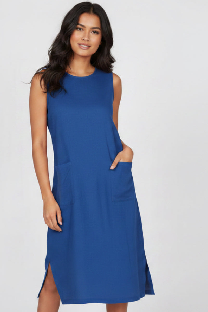 FUCHSIA SLEEVELESS FRONT PATCH POCKETS MIDI DRESS HMD1055