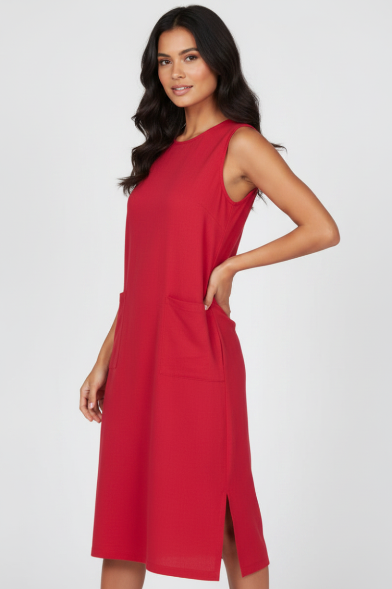 FUCHSIA SLEEVELESS FRONT PATCH POCKETS MIDI DRESS HMD1055