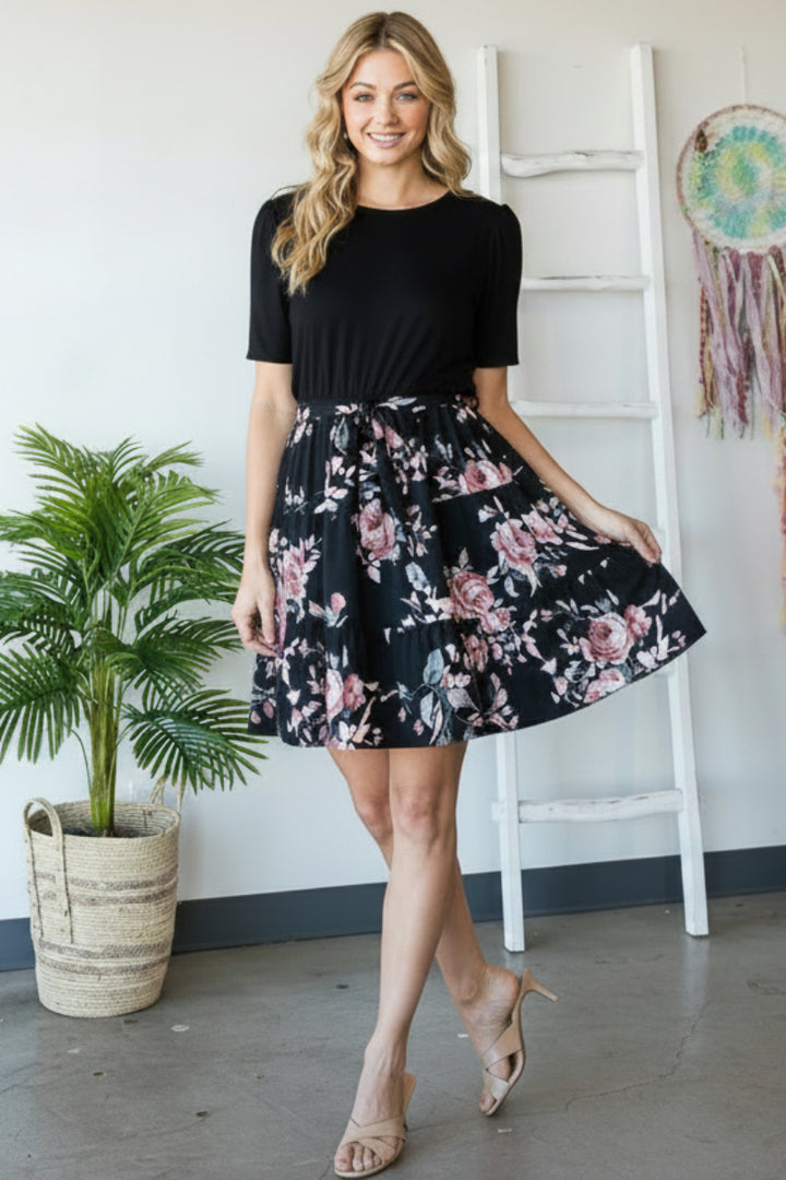PLUS-ROUND NECK SOLID AND FLORAL PRINT CONTRAST MINI DRESS
