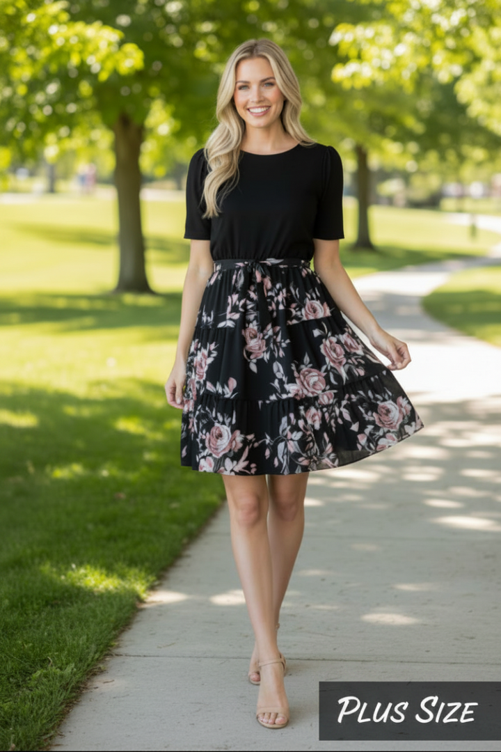 PLUS-ROUND NECK SOLID AND FLORAL PRINT CONTRAST MINI DRESS