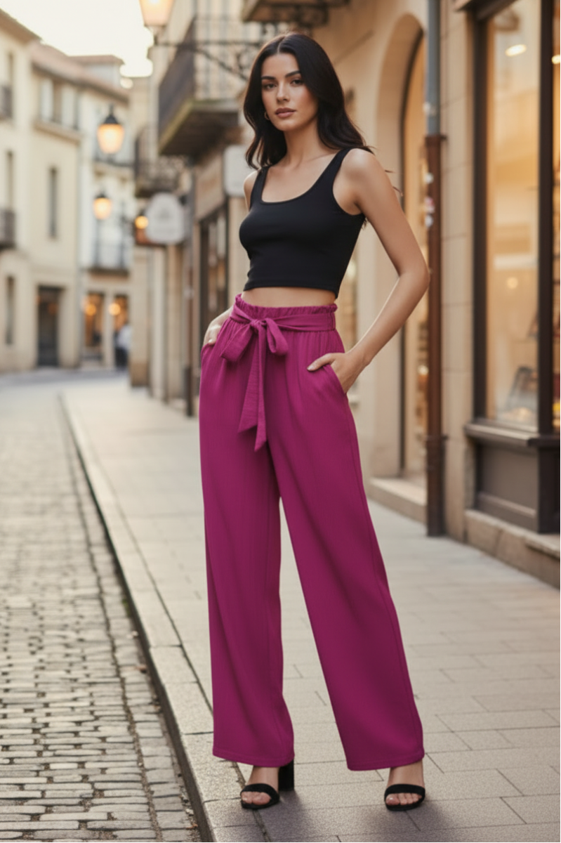 SOLID CASUAL PANTS WITH PAPERBAG WAISTBAND-HMEP6700-16