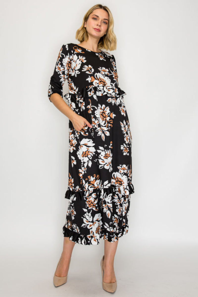 PLUS SIZE TIERED RUFFLE MIDI DRESS WITH SIDE POCKETS