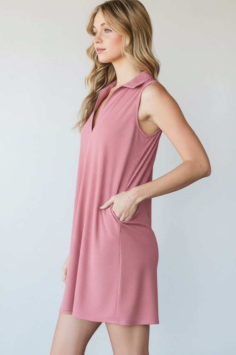 SLEEVELESS COLLAR SOLID RIBBED MINI DRESS-HMED6703-10