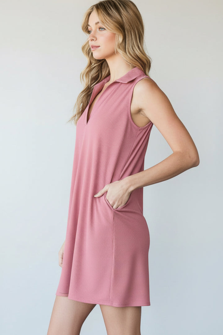 SLEEVELESS COLLAR SOLID RIBBED MINI DRESS-HMED6703-10