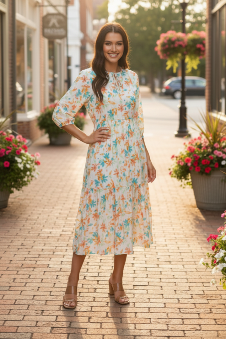 RELAXED FIT ROUND TIE NECK MIDI DRESS SHVL5994-G