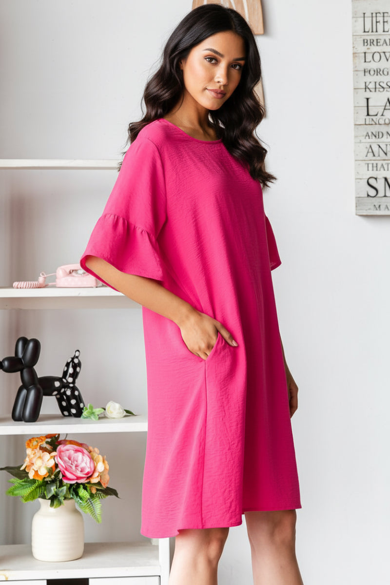 PLUS SIZE SHORT SLEEVE WITH RUFFLED ROUND NECK SOLID MINI DRESS