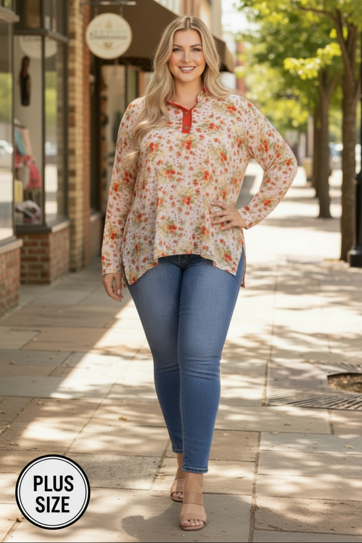 MANDARIN COLLAR FLORAL PRINT PLUS SIZE TOP T7538-