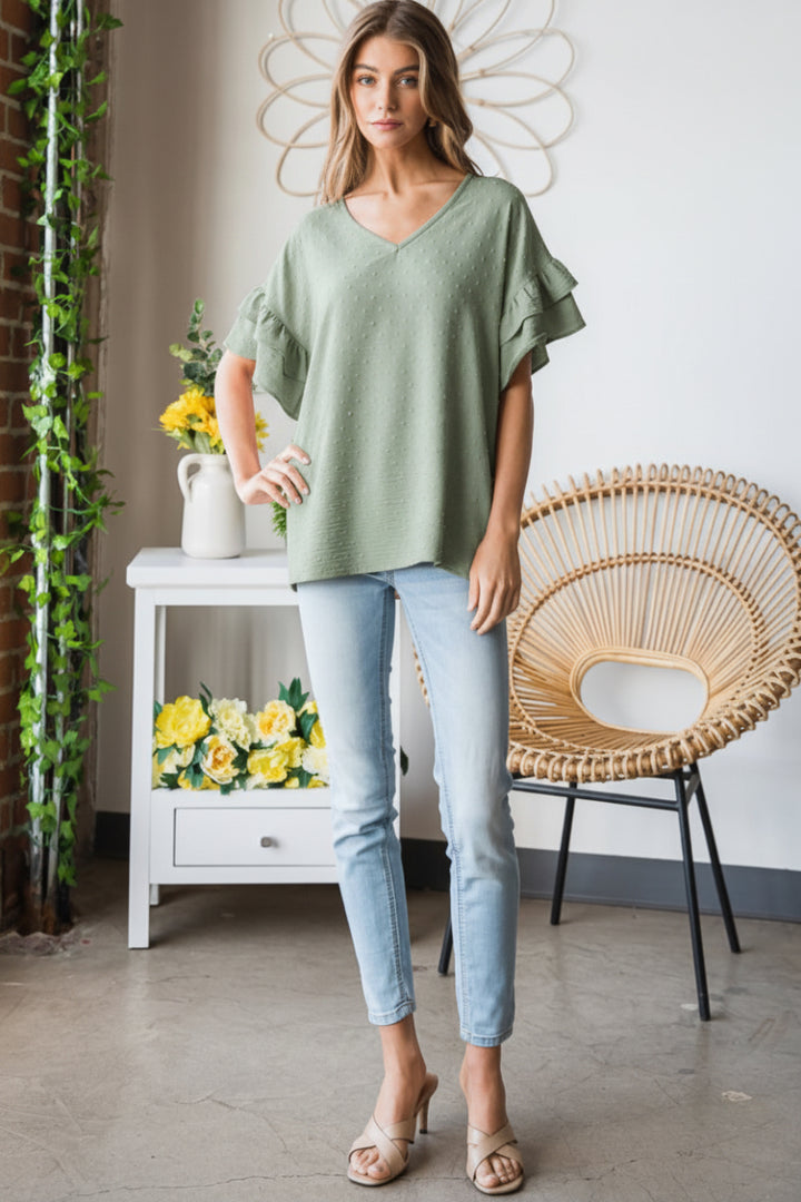 PLUS SIZE-DOUBLE RUFFLED V NECK SOLID SWISS DOT TOP
