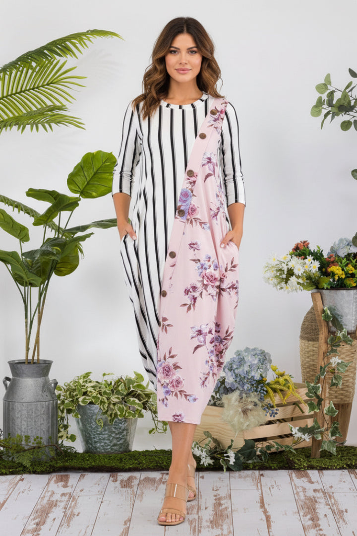STRIPE FLORAL CONTRAST MIDI-DRESS-CLCD43837D