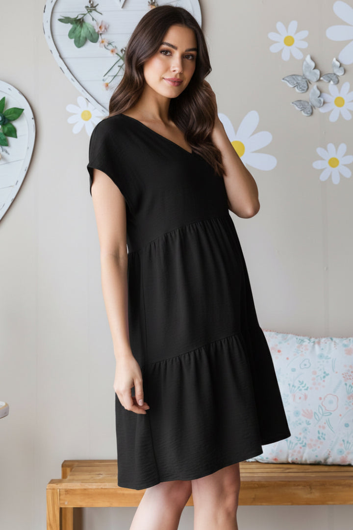 PLUS SIZE DOLMAN SHORT SLEEVE V NECK SOLID TIERED MINI DRESS*