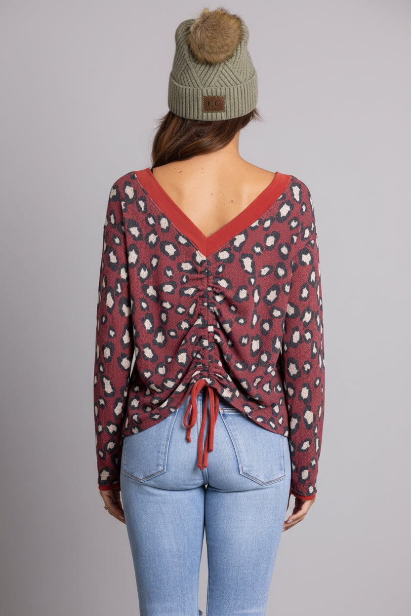 CHEETAH PRINT LACE-UP BACK KNIT TOP TY10840-
