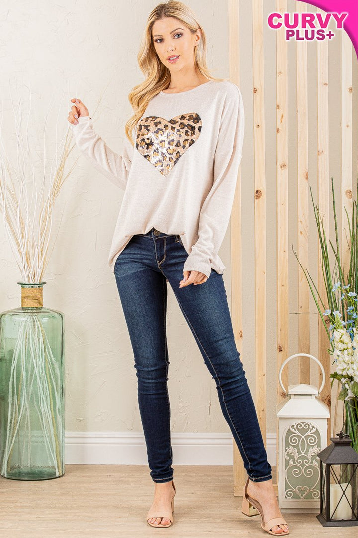 ROUND NECK SOLID TOP WITH ANIMAL SEQUINS HEART PATCH DETAIL PLUS SIZE