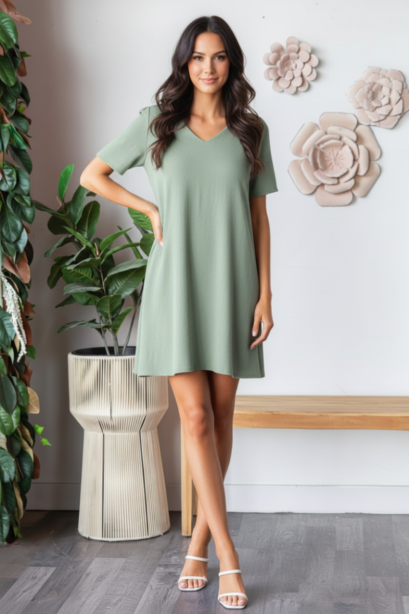 SHORT SLEEVE V NECK SOLID AIRFLOW WOVEN DRESS-HMED6880