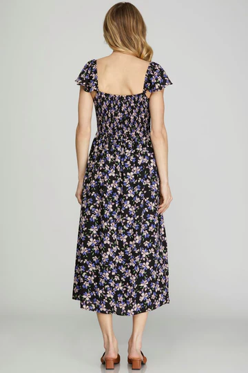 FLORAL FLUTTER SLEEVES CENTER SLIT WOVEN MIDI DRESS SKSY6967